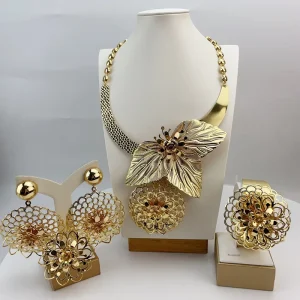 China Earring Necklace Set Ring Bracelet 18K Gold Plated Chain Set Women Accessories Jewelry FHK21601