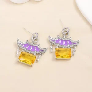 Chinese Ancient Architecture Unique Design Cubic Zirconia Drop Earrings