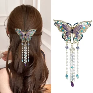 Chinese Ancient Style Long Tassel Hairpin Colorful Butterfly Rhinestone Ponytail Hairclip Drip Oil Pearl Spring Hair Clips