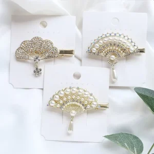 Chinese Style Fancy Hair Accessories for Girls Women Fan Shape Pearl Hair Pin Rhinestone Hair Clips