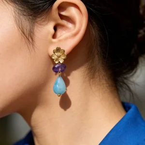 Chinese Style Jewelry Amethyst Sapphire Fashion Teardrop Stud Earrings Stainless Steel Flower Dangle Earrings for Women