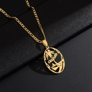 Choker Pendant Necklace 18K Gold Silver Plated Stainless Steel Link Chain Tropical Palm Tree