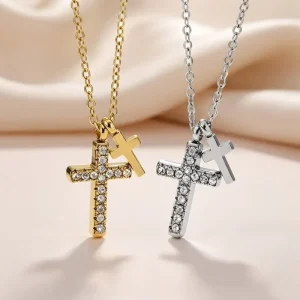 Christian Jewelry Stainless Steel Double Cross Pendant Necklace Cubic Zirconia Religious Faith Cross Necklace for Men Women