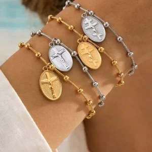 Christian Religious Stainless Steel Cross Oval Pendant Bracelet Waterproof Fashionable Bead Snake Chain Gift