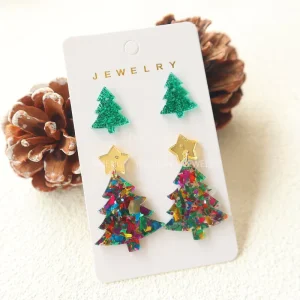 Christmas Acrylic Resin Lucite Colorful Glitter Christmas Tree and Elk Stud Earrings for Women