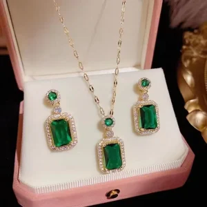 Christmas Emerald Zircon Crystal Vintage Stainless Steel Jewelry Set for Women