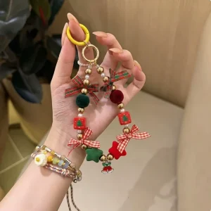 Christmas Gingerbread Man Tree Beaded Phone Chain Cute Wrist Lanyard Crystal Pearl Acrylic Keychain Bag Camera Ornament