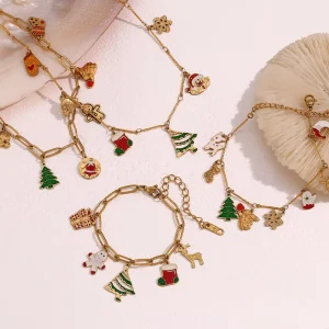 Christmas Jewelry Set 18K Gold Plated Stainless Steel Colorful Enamel Snowflake Charm Necklace Bracelet