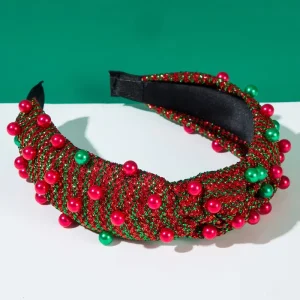 Christmas Knotted Headband Glitter Red Green Striped Hair Hoops with Bead Accents Festive Holiday Hair Accessories for Women