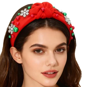 Christmas Knotted Headbands Hair Hoops with Snowflake Charms and Pearl Beads Festive Holiday Hair Accessories for Women