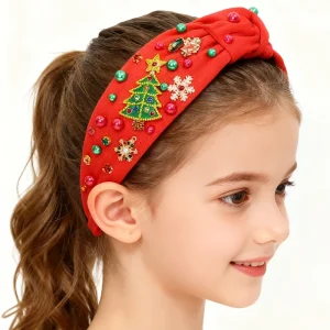 Christmas Knotted Headbands with Jeweled Tree Charms Red & Green Rhinestone Hair Hoops Holiday Hair Accessories for Women