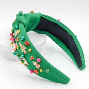 Christmas Knotted Headbands with Santa & Reindeer Charms Red & Green Rhinestone Hair Hoops Holiday Hair Accessories