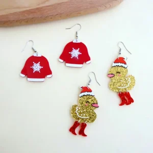 Christmas New Arrival Women’s Acrylic Snowflake Sweater Earrings Cartoon Santa Hat Chick Shoes Ear Drops Funny Cute