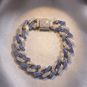 Chunky 14mm Two Tone Blue White Cubic Zirconia Cuban Chain Bracelets Alloy Full Pave Iced Out Link Bangle Jewelry with Box Clasp