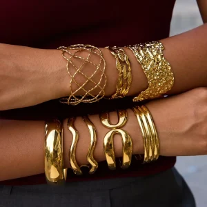 Chunky 18K Gold Plated High Polished Opening Bangle Liner Wave Fashion Bracelet Jewelry Made From Stainless Steel