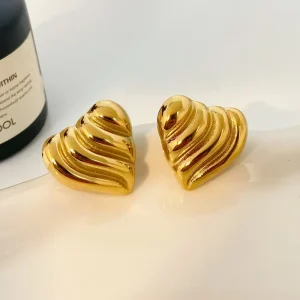 Chunky 18k Gold Wave Pattern Love Heart Earrings Fashion Jewelry Stainless Steel Earrings