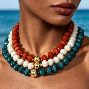 Chunky 3 Layer Stacked Collar Necklace Tri Color Teal Red White Marbled Resin Disc Bead Gold Ball Necklace