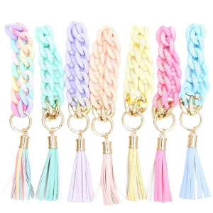 Chunky Acrylic Chain Wristlet Keychain Tortie Link Bracelet Key Chain Colorful Chain Bangle Leather Tassel Key Ring