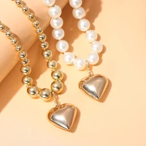Chunky Beads Necklace for Women Large Heart Pendant Summer Vacation Choker Jewelry