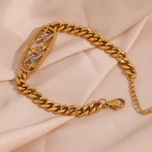 Chunky Cuban Bracelets Hollow Out Twisted Zircon Lightning Star Bar Charm Stainless Steel Jewelry 316l with Gold Plating