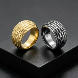Chunky Hammered Dome Band Ring Men Jewelry Gold Plated Irregularity Square Signet Ring Punk Stainless Steel Finger Ring