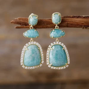 Chunky Natural Stones Labradorite Statement Stud Earrings Bold Geometric Design Costume Designer Brass Jewelry for Women