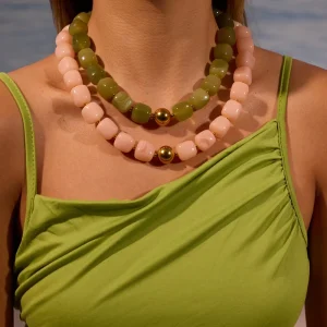 Chunky Women Stone Beaded Necklace Fashion Stainless Steel Colorful Resin Beaded Ball Necklace for Women Statement Necklace