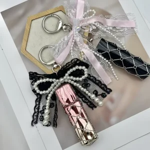 Circular Colored Lace Bow Pendant Stainless Steel Keychain Portable Lipstick Mesh Pocket
