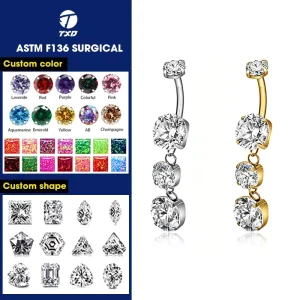 Classic ASTM F136 Titanium Zircon Pendant Belly Button Ring Internal Thread Gold Plated Body Jewelry