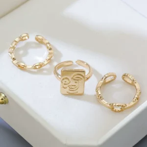 Classic Alloy Gold Plated Smooth Face Hollow Lace Ring Set Adjustable One Style Multiple Wear