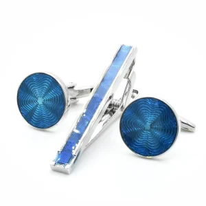 Classic Blue Enamel Cuff Links and Tie Bar Fashionable Brass Tie Clip Set for Wedding Business or Party for Gift
