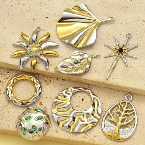 Classic Children’s Fashion Gold Plated Stainless Steel Silver Necklace Pendants Zircon Pave Leaf Charm for Necklace Making Diy