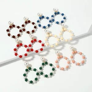 Classic Colorful Beaded Hoop Design Stud Earrings Wedding Women’s Jewelry Gold Plating Resin Brass Main Material