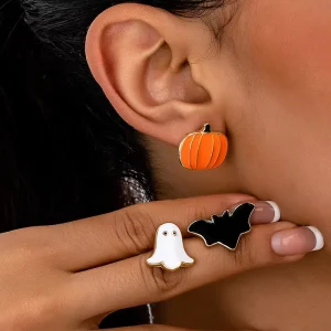 Classic Design Luxury Style Women’s 3 Pairs Halloween Stud Earrings Set Pumpkin Ghost & Bat Alloy Jewelry