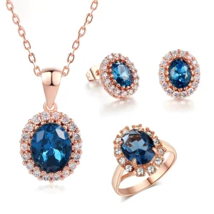 Classic Elegance Flower Shape Necklace Earring Ring Set Women Bridal Blue Oval Cubic Zirconia Jewellery Set S110