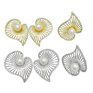 Classic Engagement Geometric Fan Design Jewelry Set 18K Gold Plated Brass Micropave Zircon Frame Imitation Pearl Earrings Ring