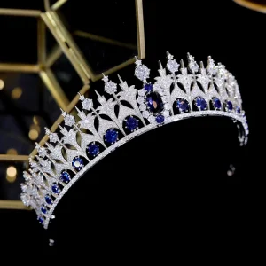 Classic European Royal Family Blue Crown Bridal Wedding Hair Ornament CZ Headdress Queen Crown and Tiaras Jewelry Accessories