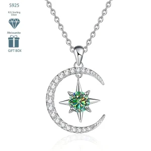 Classic Fashion 925 Silver Round Cut 0.5ct Multicolor Moissanite Jewelry Womens Star and Moon Moissanite Necklace
