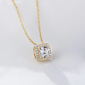 Classic Fashion Fine Wedding Jewelry 925 Sterling Silver Geometric Square Gold Plated Zircon Fine Pendant Necklace for Women