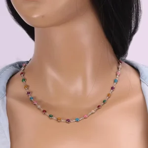 Classic Fashion Simple Beaded Alloy Necklace Women Colorful Heart Pendant Clavicle Chain Jewelry Set