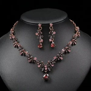 Classic Fashionable Crystal Alloy Jewelry Set Gold Plated Necklace and Earrings for Wedding Evening Gown Dinner Banquet Party