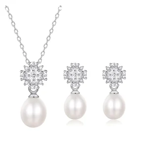 Classic Fine S925 Silver Snowflake Zirconia Natural Freshwater Pearl Necklace Earring Wedding Engagement Bridal Jewelry Set