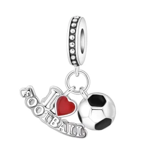 Classic Football Soccer Ball Triple Dangle Charm Pendant Red Enamel Heart Design Zircon Stone Copper Alloy Silver Plated Unisex