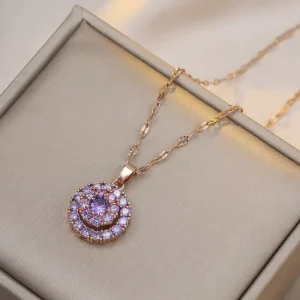 Classic Geometric Colorful Zircon Pendant Gold Plated Stainless Steel Women Fashion Jewelry Necklace Factory Direct