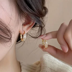 Classic Gold Color Metal Inlaid with White Crystal Hoops Women’s Earrings Fashion Engagement Wedding Earrings