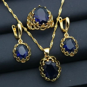 Classic Gold Plated Custom Wedding Jewelry Set for Women Includes Earrings Pendant Ring with Zircon Stones for Parties