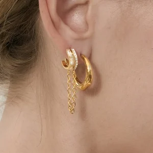 Classic Graceful Tassel Hoop Earring 18K Gold Stainless Steel Crystal Square Zirconia Double Layer Tassel Hoop Earring