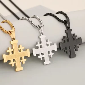 Classic Jerusalem Crusader Cross Necklace Pendant Gold Silver Stainless Steel Waterproof Bible Prayer Religious Believer Jewelry