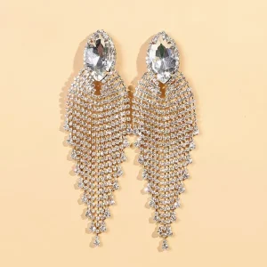 Classic Long Rhinestones Brass Silver Plated Huggie Earrings Women Crystal Tassel European American Party
