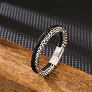 Classic Popular Leather Bracelet Multi Layer Bracelet Stainless Steel Wheat Chain Braided Rope Bracelet for Men